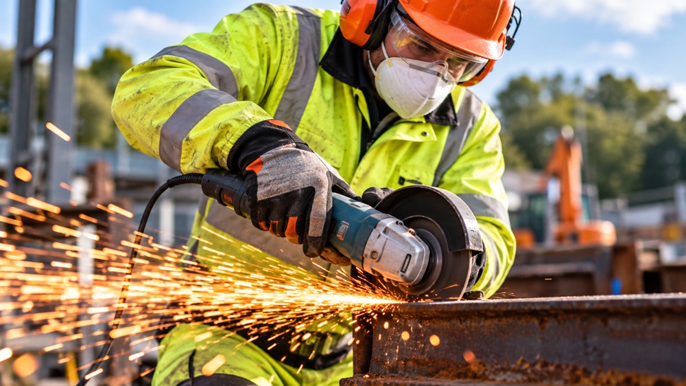 Hi-Vis Worker Cutting Steel with Sparks